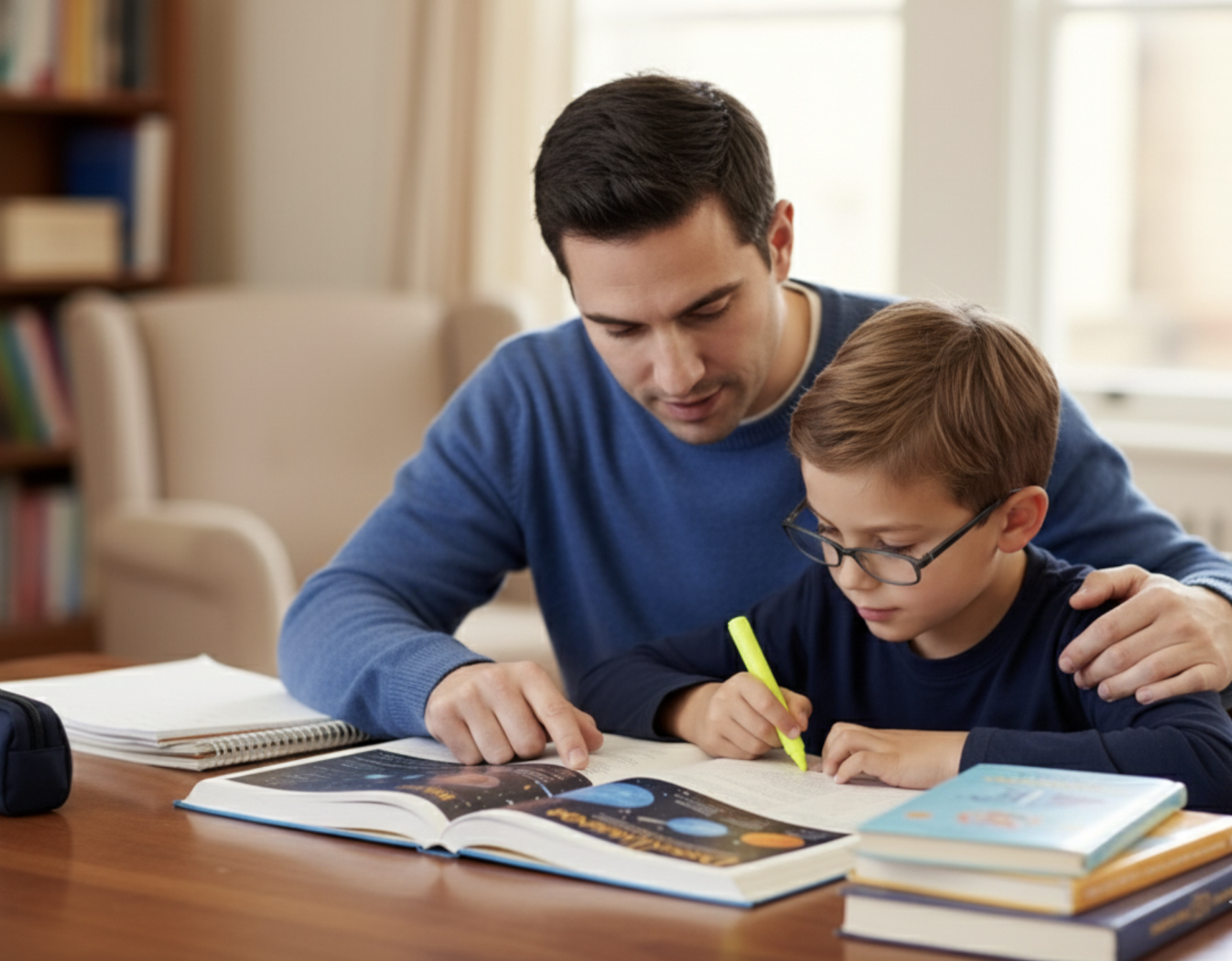 Padre guiando paso a paso a su hijo